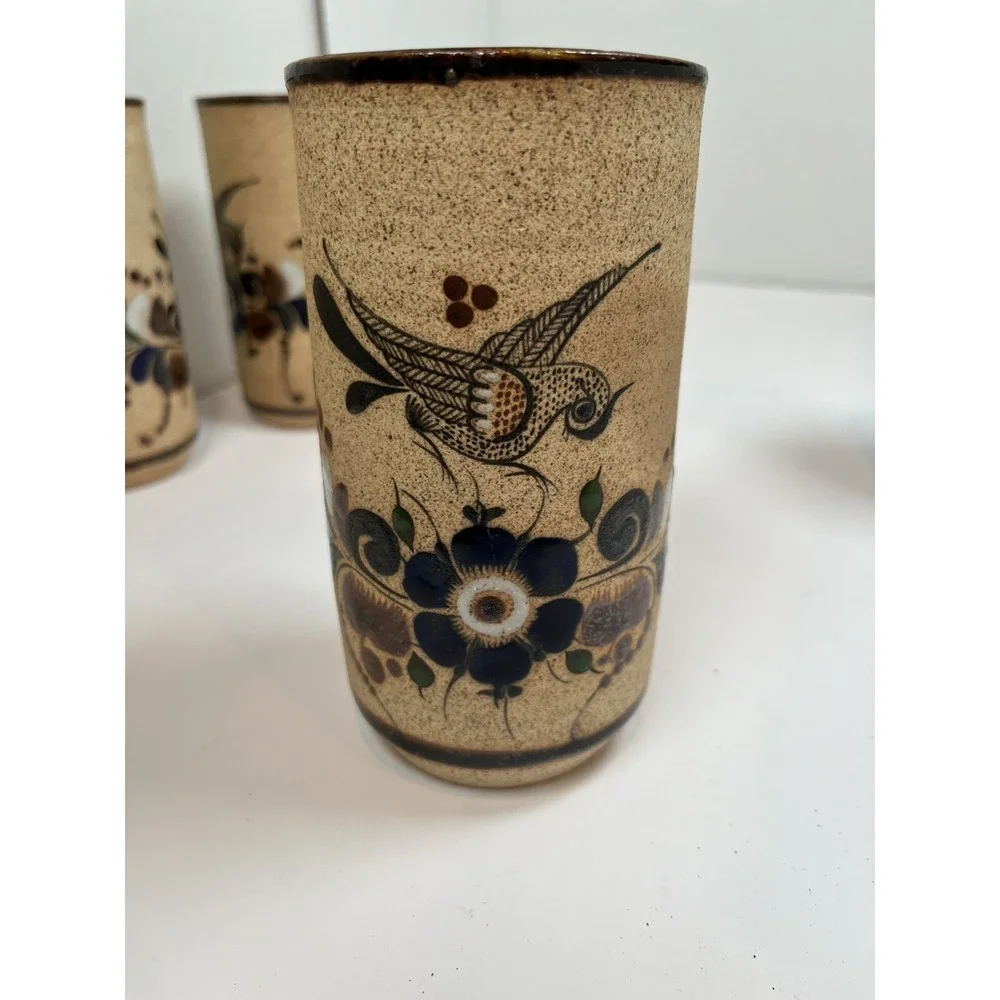 Tonala Pottery Cups Painted Blue Flowers Bird Stone Ware Lot Of 5 Netzi Mexico - Picture 13 of 16